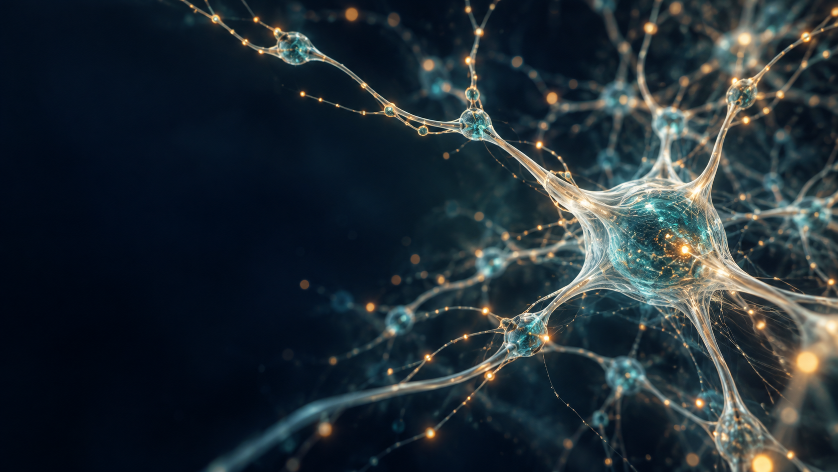 Conceptual neural artwork with branching translucent fibers and warm points of light